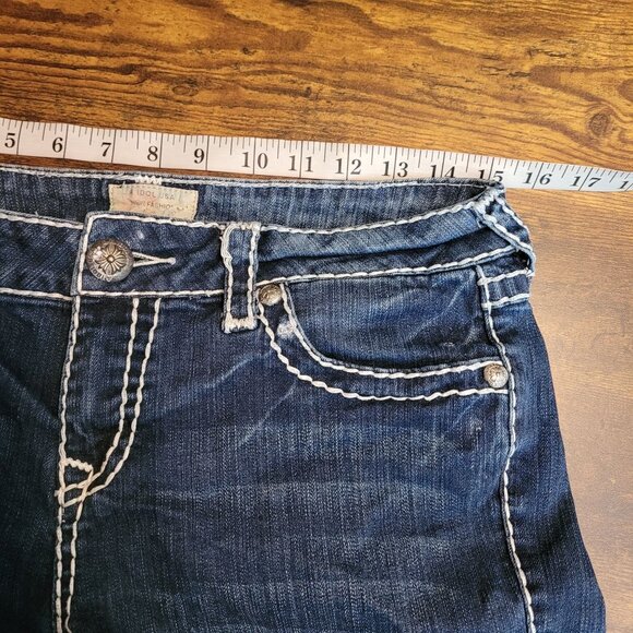 LA Idol Cut Off Denim Shorts Size 11 Low Rise Raw Hem Thick Stitch Button Flaps - Picture 5 of 9